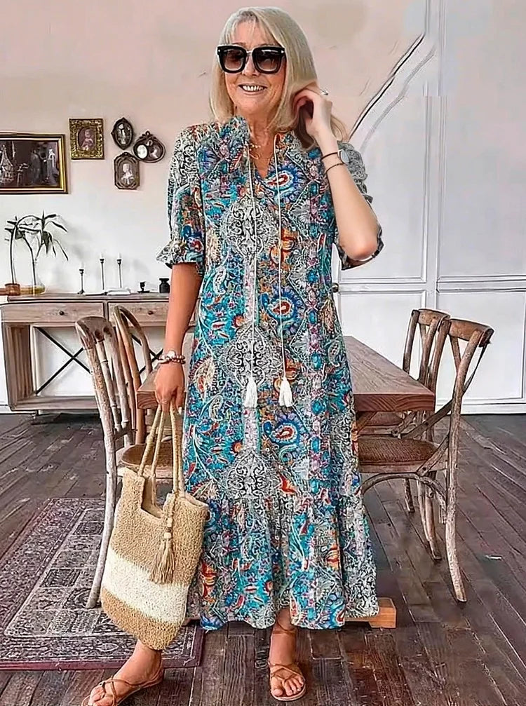 Carolette - Robe Maxi à Col avec Corde Boho
