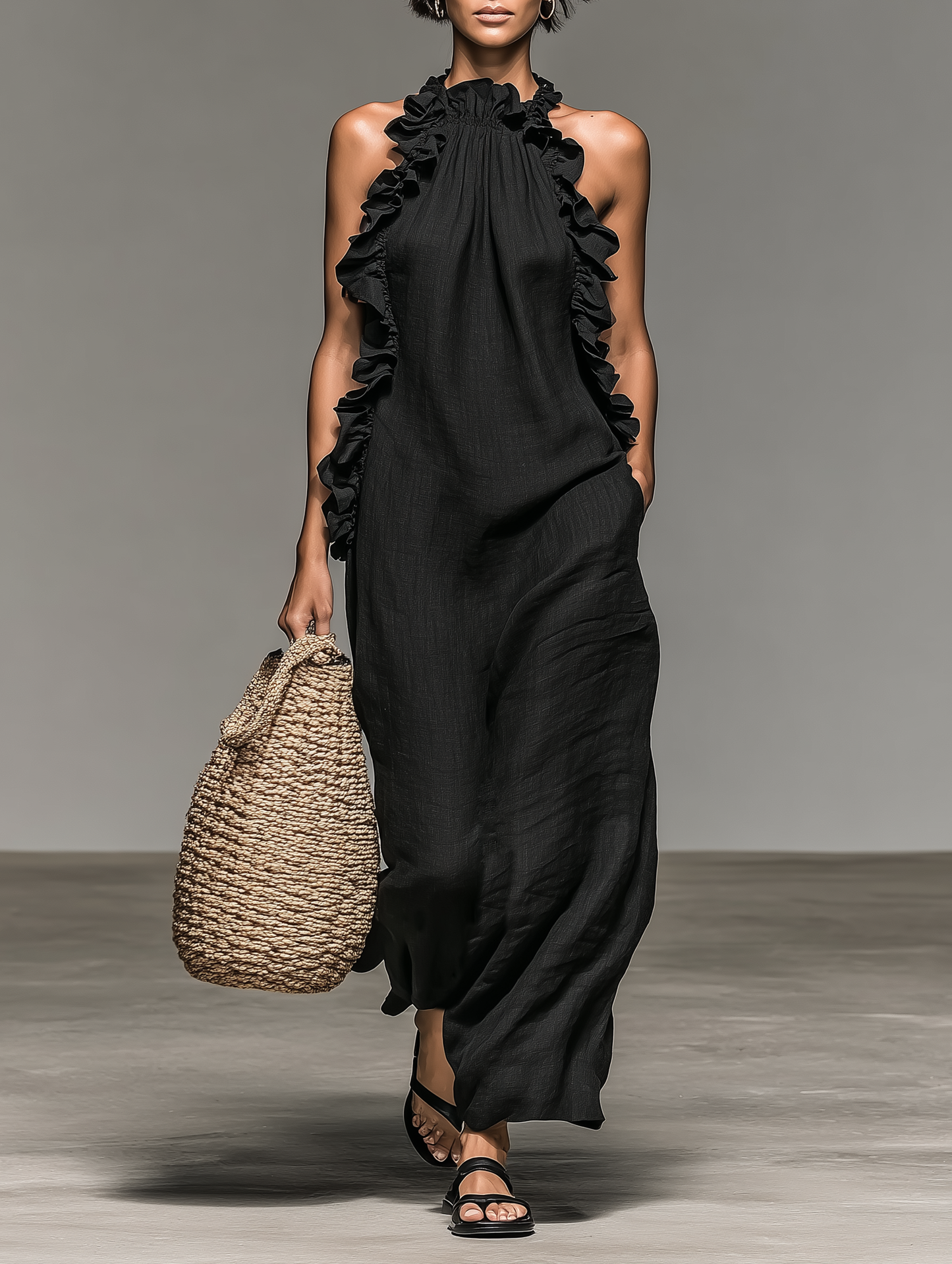Robe Maxi Sans Manches en Mélange de Lin Minimaliste pour Femme avec Détails Volants