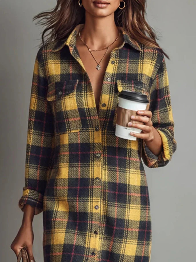 Robe Midi en Flanelle à Carreaux avec Manches Longues