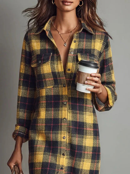 Robe Midi en Flanelle à Carreaux avec Manches Longues