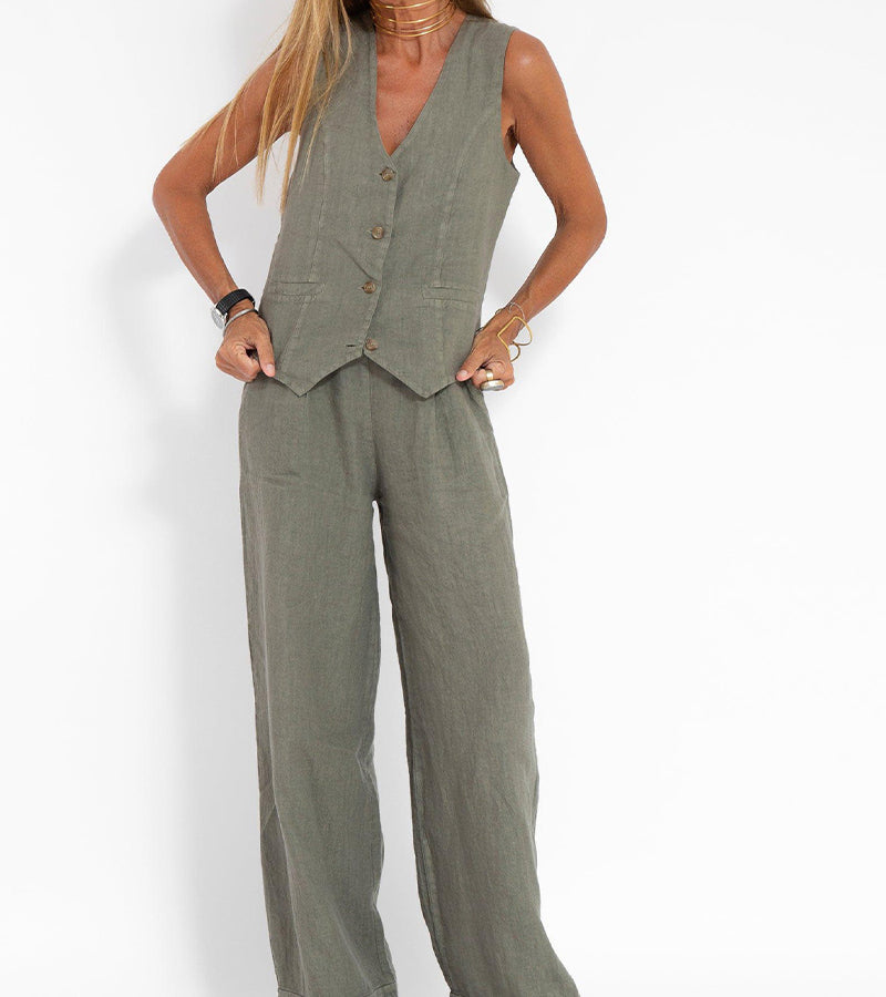 Jessica - Ensemble de Gilet Boutonné & Pantalons à Jambes Larges