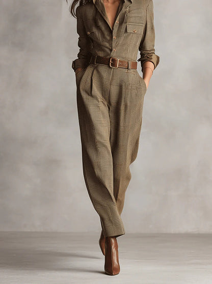 Alessia - Combinaison utilitaire en tweed marron à motif raffiné