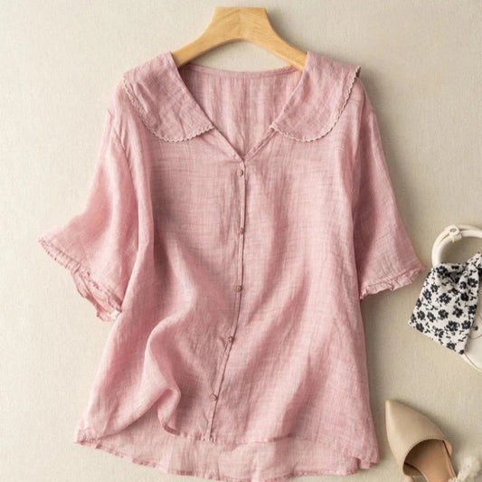 Sotiria - Élégante Blouse en Lin à Manches Courtes