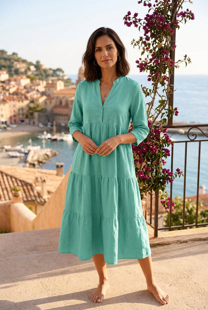 Robe Midi Fluide avec Taille Empire et Décolleté en V – Élégance Raffinée