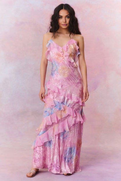 Luneth - Robe Maxi Sans Dos avec Décolleté en V Floral