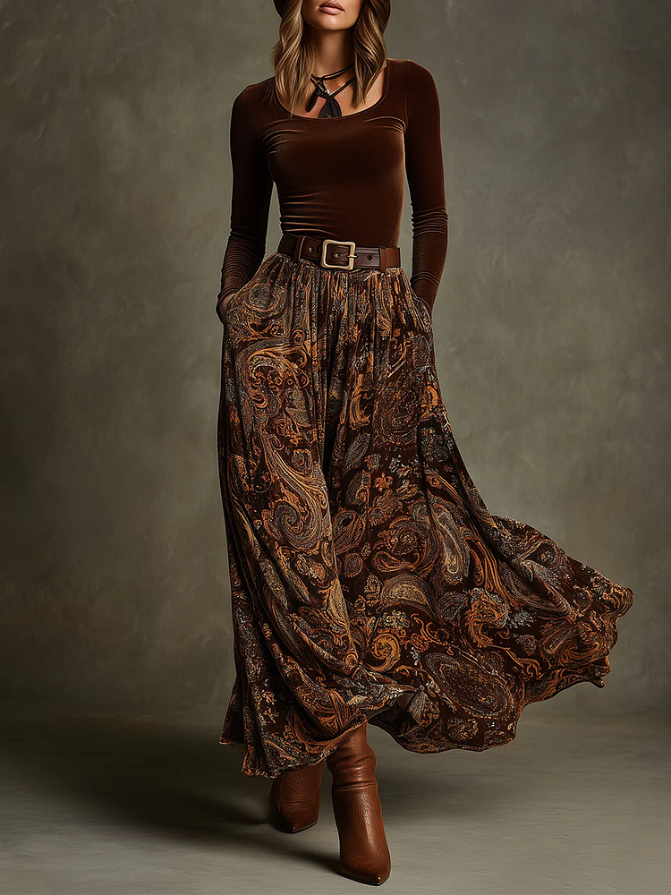 Ensemble top en velours stretch vintage et jupe maxi paisley avec ceinture