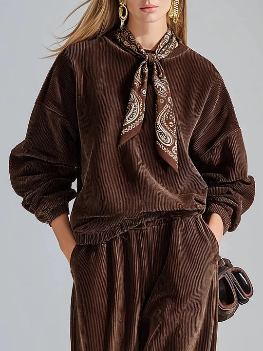 Ensemble Décontracté en Velours Côtelé Uni avec Sweatshirt et Pantalons à Jambes Larges