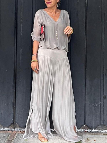 ESMERALDA – ENSEMBLE DE PANTALONS ÉLÉGANTS EN CHIFFON À JAMBES LARGES EN DEUX PIÈCES