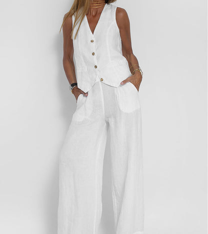 Jessica - Ensemble de Gilet Boutonné & Pantalons à Jambes Larges