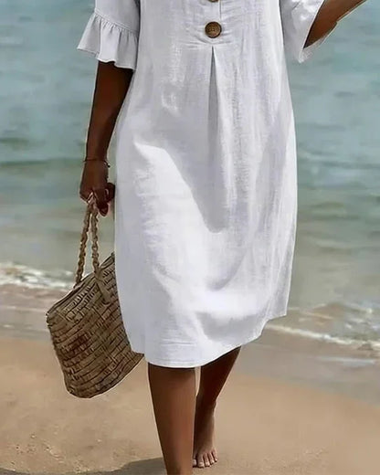 Vanesa | Robe en lin avec texture, manches bouffantes et boutons