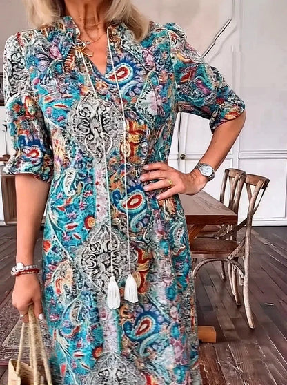 Carolette - Robe Maxi à Col avec Corde Boho