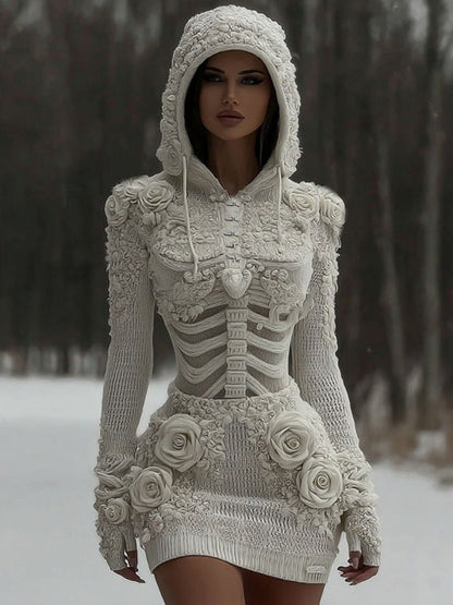 Pull à Capuche en Maille avec Patchwork en Rose Blanc et Crâne pour Femme