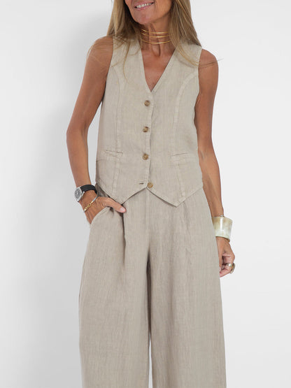 Jessica - Ensemble de Gilet Boutonné & Pantalons à Jambes Larges