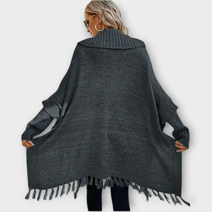 Poncho Pull Oversized avec Col Montant et Franges