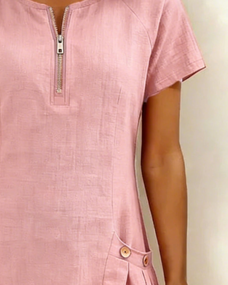 Robe Courte en Lin et Coton avec Fermeture Éclair - Coupe A-Line Élégante