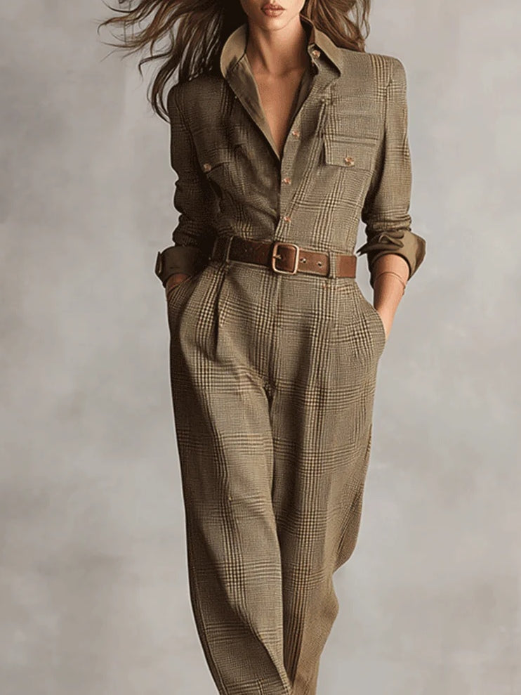 Alessia - Combinaison utilitaire en tweed marron avec motif raffiné