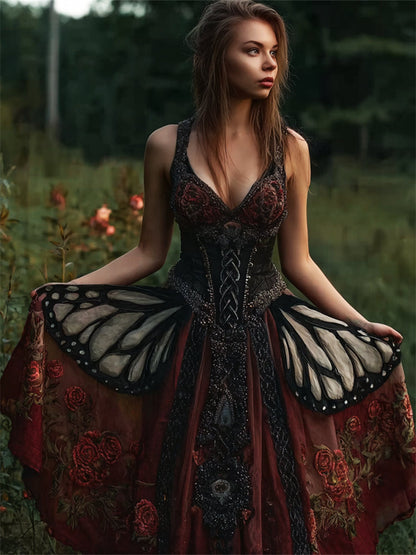 Robe Vintage de Papillon Mystique et Roses avec Paillettes, Jupe Flottante Large