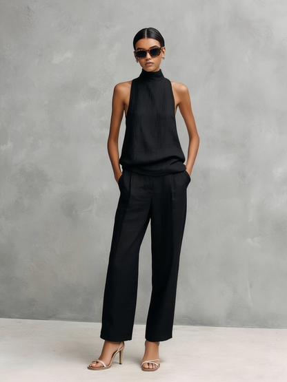 Ensemble Top Sans Manches et Pantalons Élégant en Coton et Lin Noir pour Femme