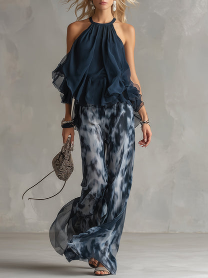 Ludovica | Top Halter Élégant Bleu Marine et Pantalons Amples Imprimés