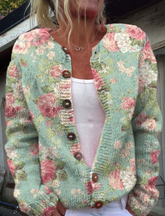 Debrah | Élégant cardigan vert avec imprimé floral