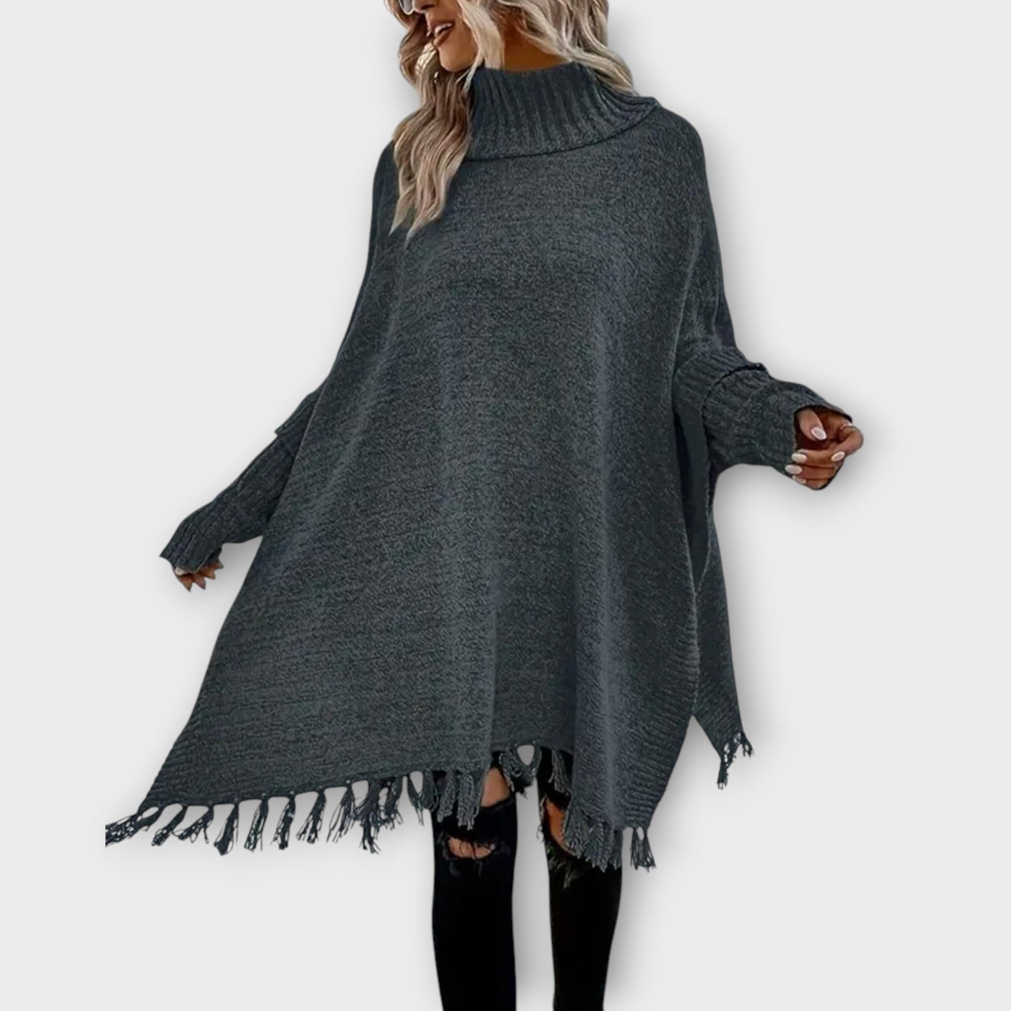 Poncho Pull Oversized avec Col Montant et Franges