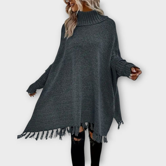 Poncho Pull Oversized avec Col Montant et Franges