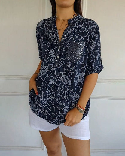 Blouse Imprimée Boutonnée à Col V