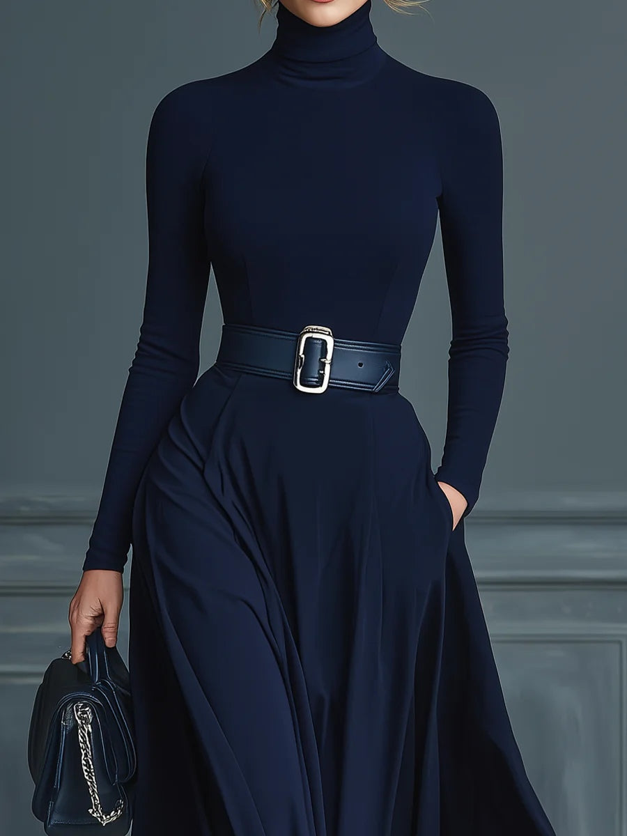 Eleonora - Robe en tricot bleu foncé avec col montant