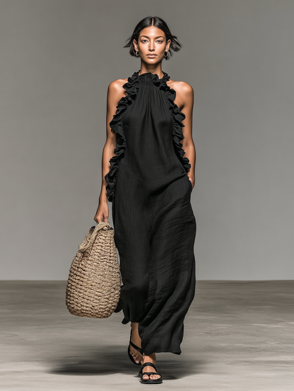 Robe Maxi Sans Manches en Mélange de Lin Minimaliste pour Femme avec Détails Volants