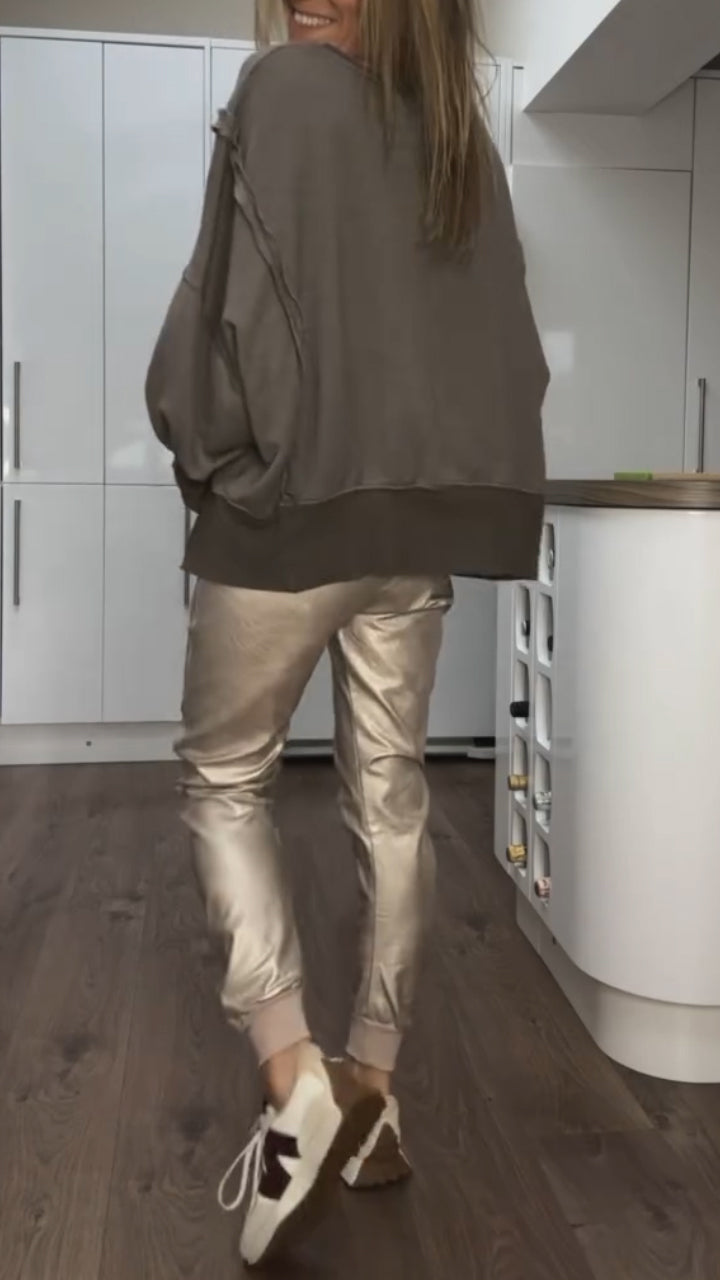 Ensemble Décontracté avec Col Rond pour Femme + Pantalons en Cuir
