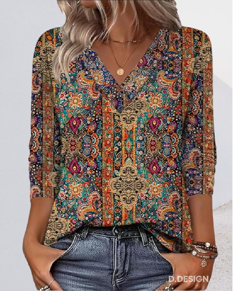 Blouse Imprimée Rétro Col V