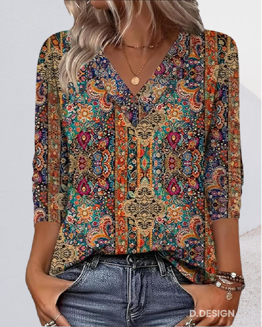 Blouse Imprimée Rétro Col V