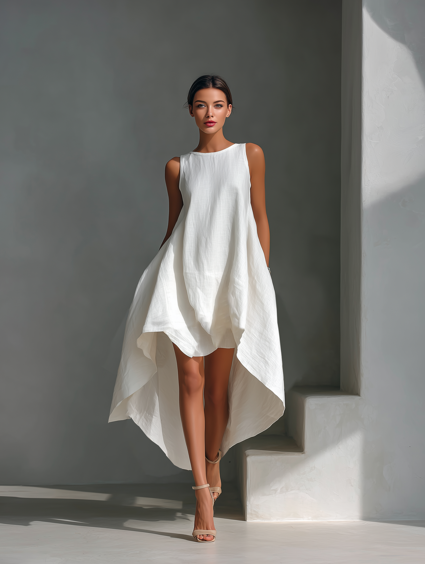 Robe Midi Sans Manches en Lin Blanc pour Femme avec Col Ronde et Ourlet Asymétrique