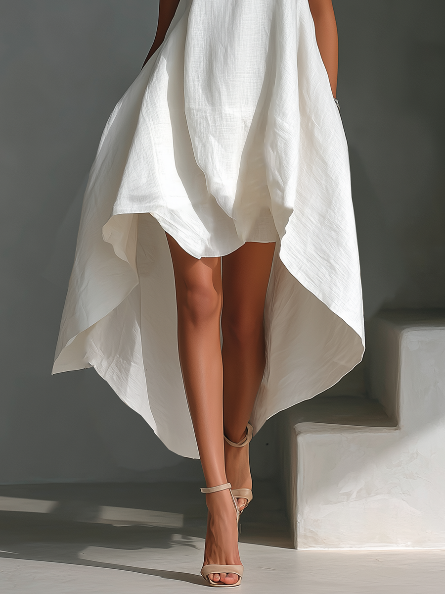 Robe Midi Sans Manches en Lin Blanc pour Femme avec Col Ronde et Ourlet Asymétrique