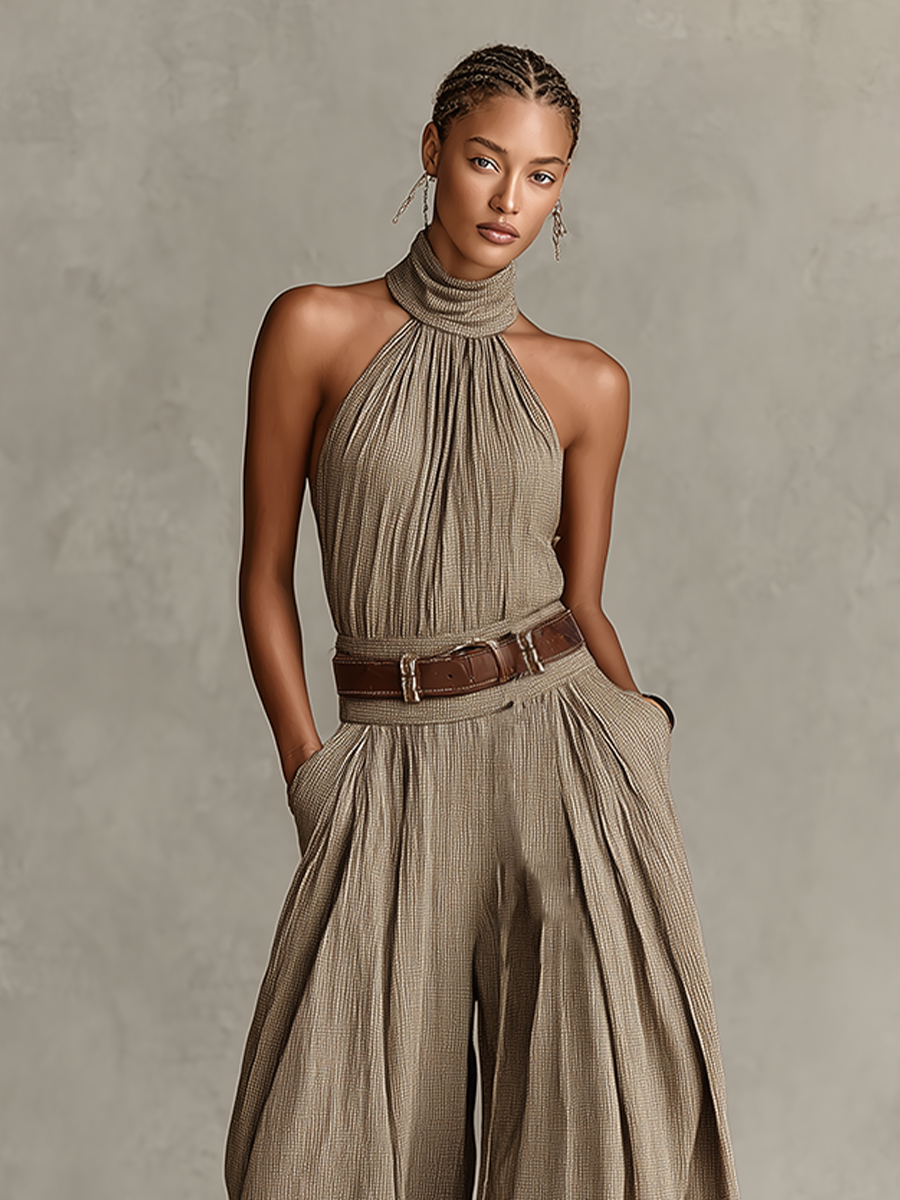 Combinaison en Coton Mélangé Taupe pour Femme avec Col Américain et Silhouette à Jambes Larges, Style Boho-Élégant Intemporel (Sans Ceinture)