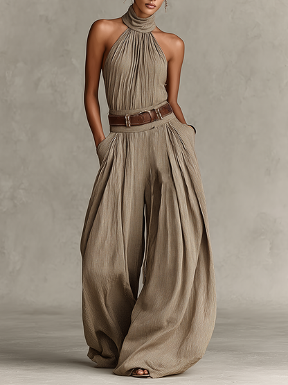 Combinaison en Coton Mélangé Taupe pour Femme avec Col Américain et Silhouette à Jambes Larges, Style Boho-Élégant Intemporel (Sans Ceinture)