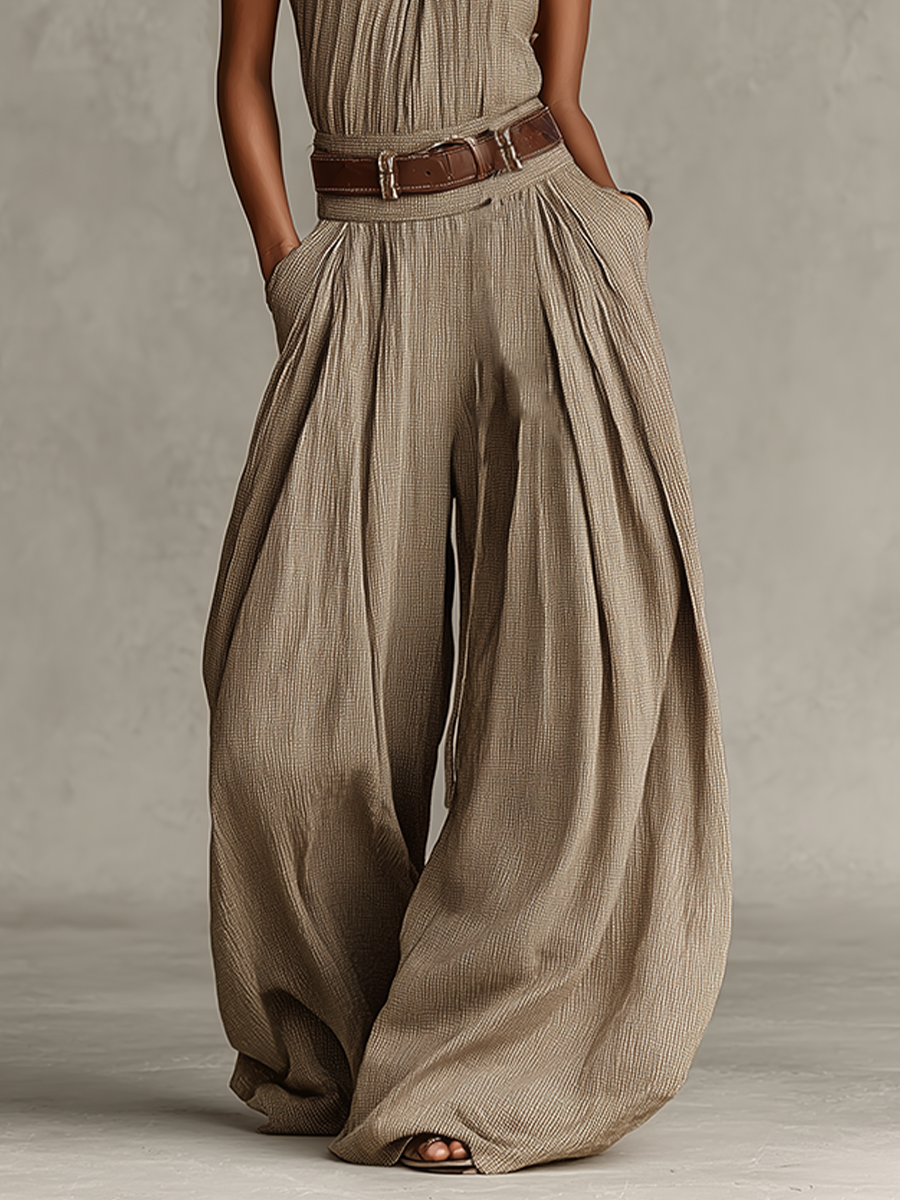 Combinaison en Coton Mélangé Taupe pour Femme avec Col Américain et Silhouette à Jambes Larges, Style Boho-Élégant Intemporel (Sans Ceinture)