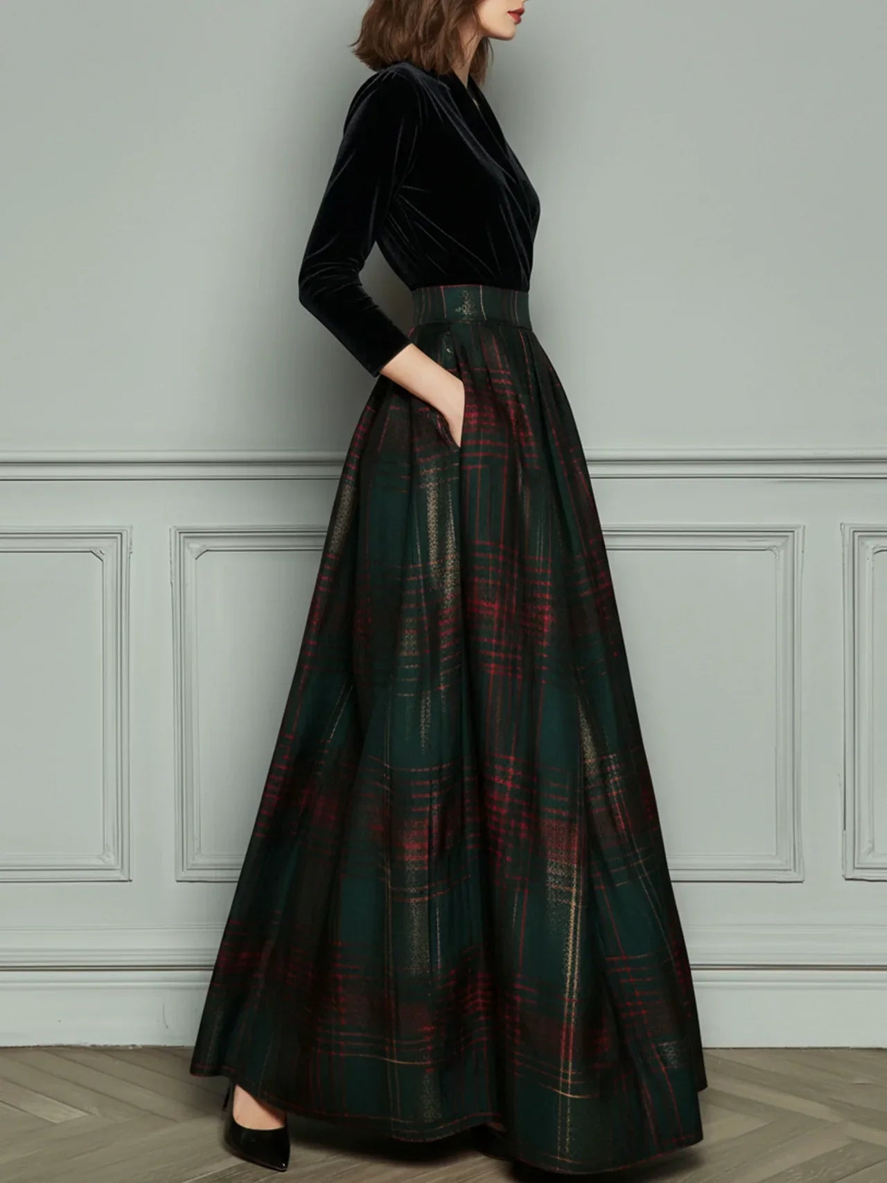Robe Maxi Patchwork en Velours et Tartan Vert