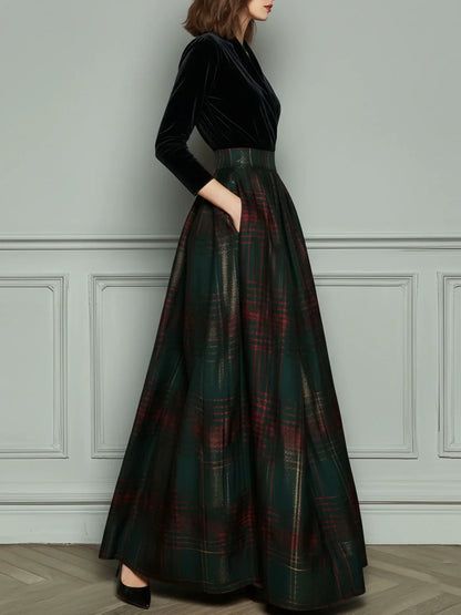 Robe Maxi Patchwork en Velours et Tartan Vert