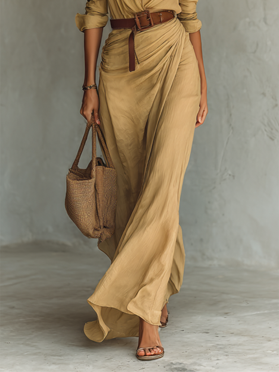 Robe Maxi Longue avec Col Revers pour Femmes, Manches Longues, Fermeture à Un Bouton