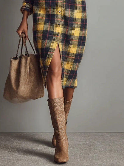 Robe Midi en Flanelle à Carreaux avec Manches Longues