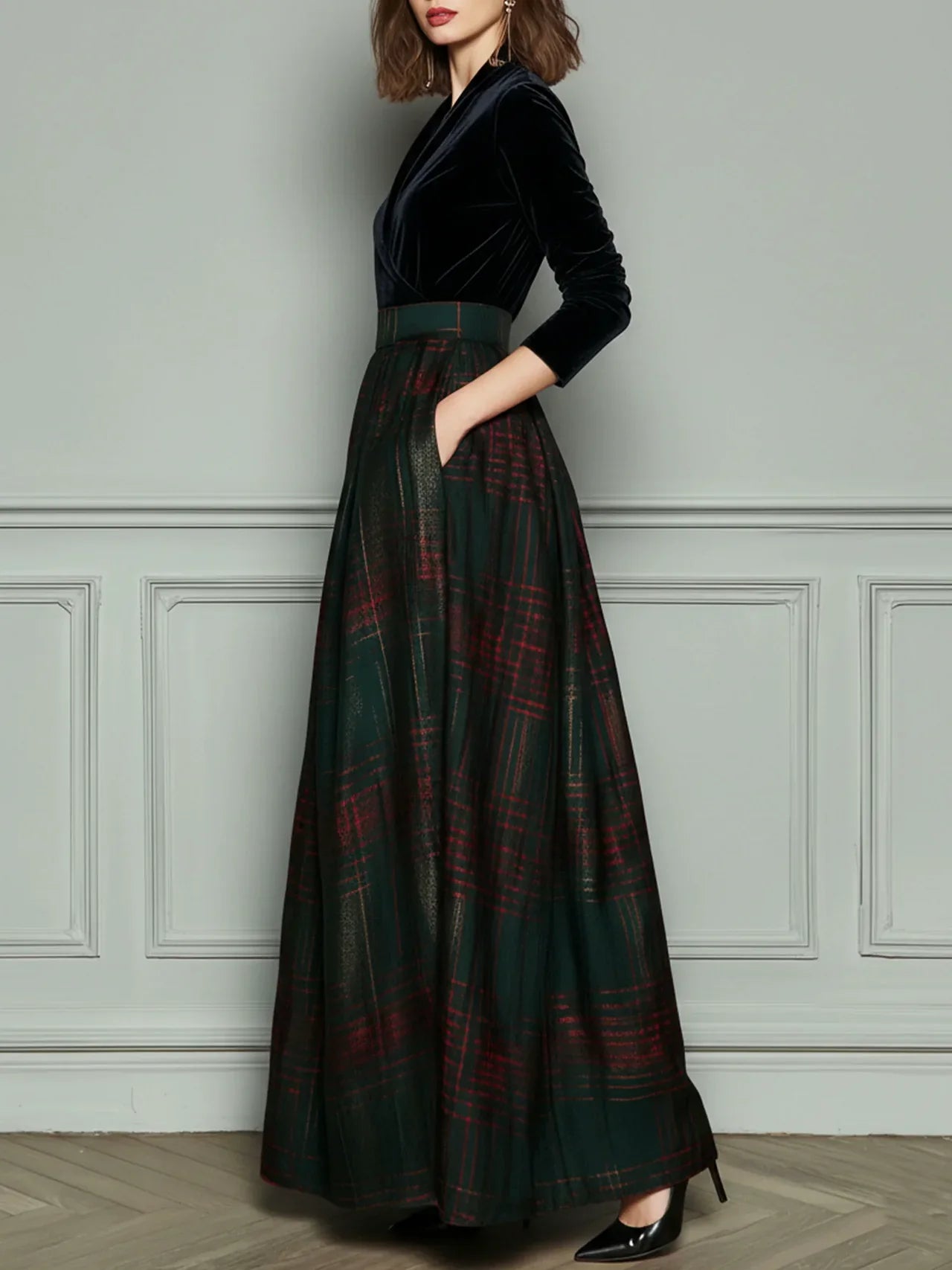 Robe Maxi Patchwork en Velours et Tartan Vert