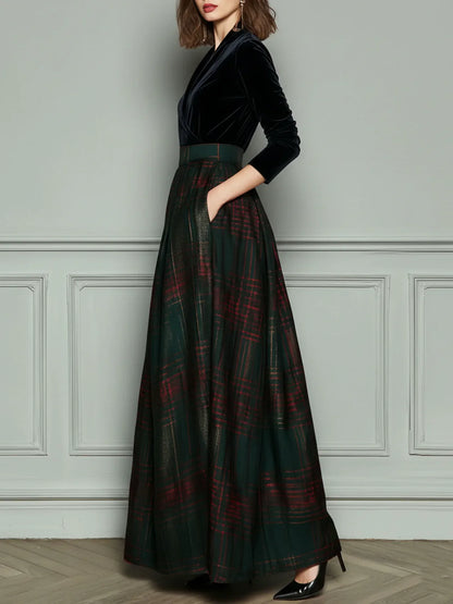 Robe Maxi Patchwork en Velours et Tartan Vert