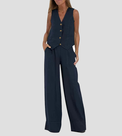 Jessica - Ensemble de Gilet Boutonné & Pantalons à Jambes Larges