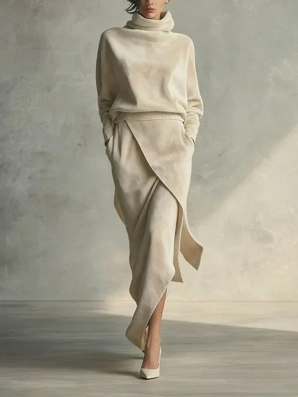 Ensemble en Velours de Couleur Unie avec Design Asymétrique
