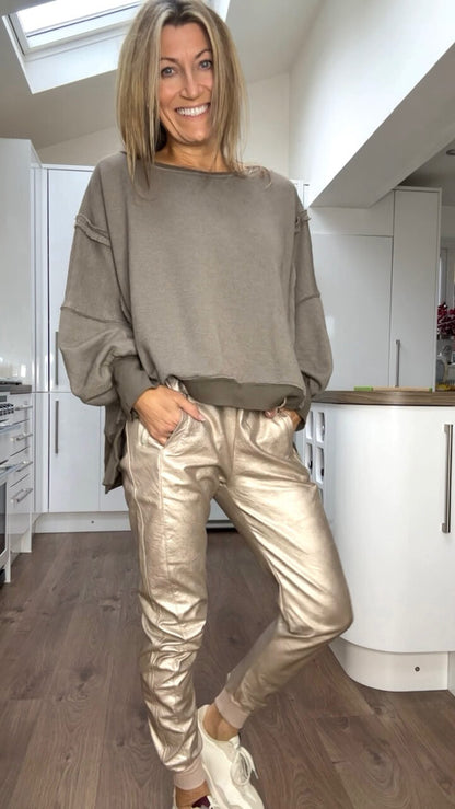 Ensemble Décontracté avec Col Rond pour Femme + Pantalons en Cuir