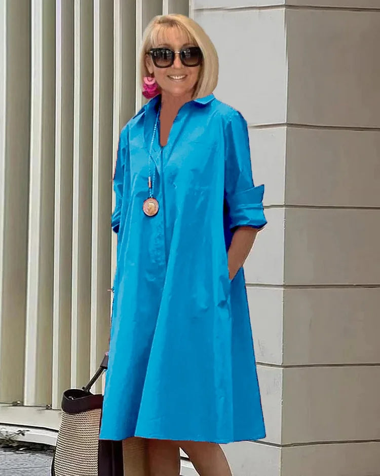 Vireya - Robe Midi avec Col de Chemise et Poches