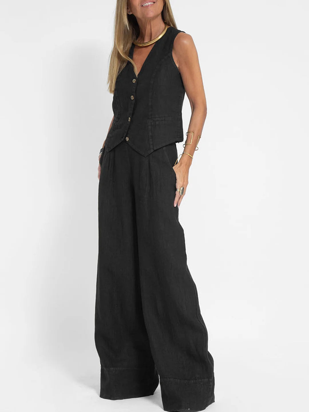 Jessica - Ensemble de Gilet Boutonné & Pantalons à Jambes Larges
