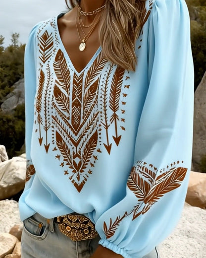 Blouse à Col V avec Manches Bouffantes et Coupe Ample