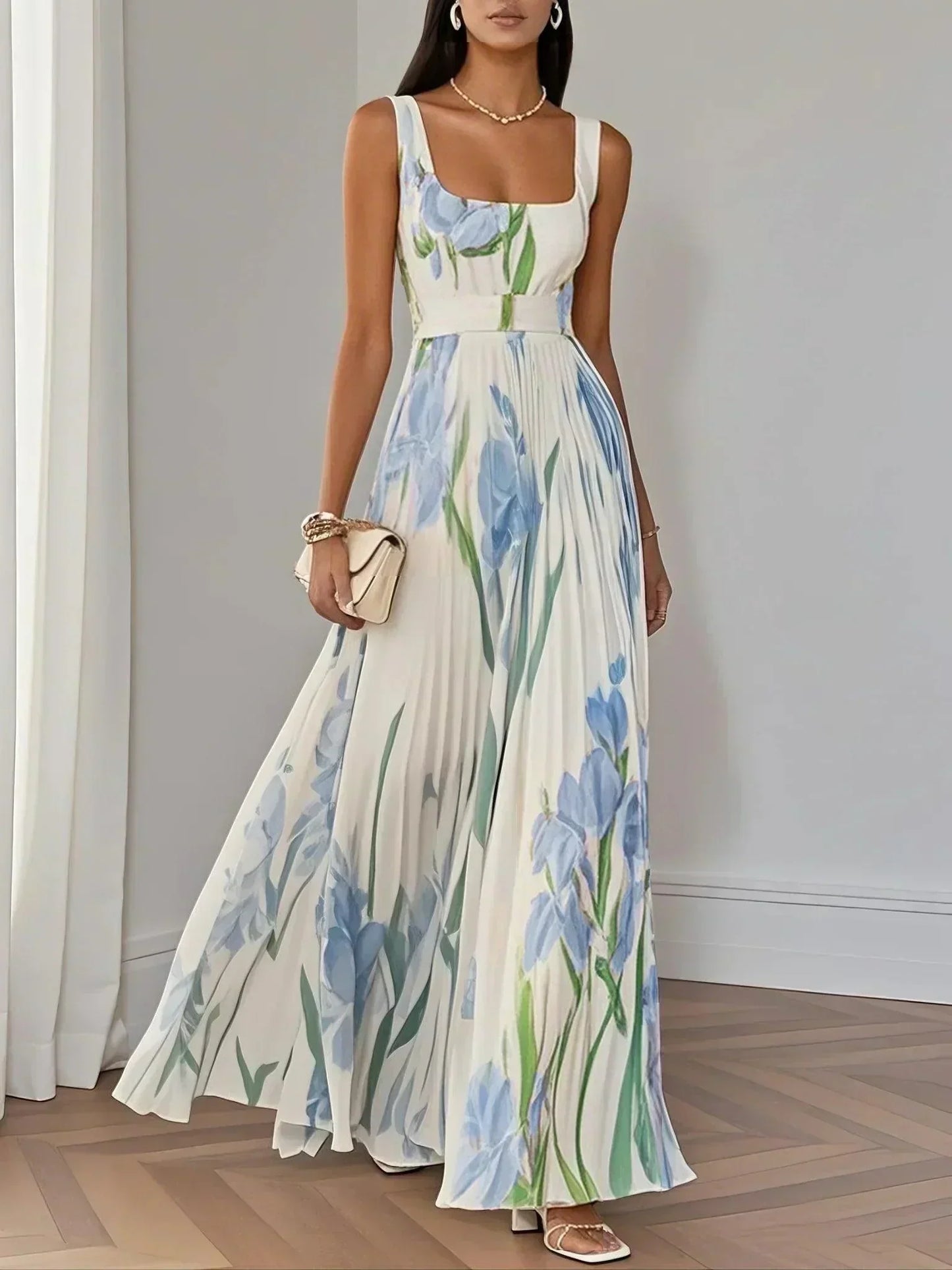 Robe Longue Plissée en Mousseline - Élégance Intemporelle